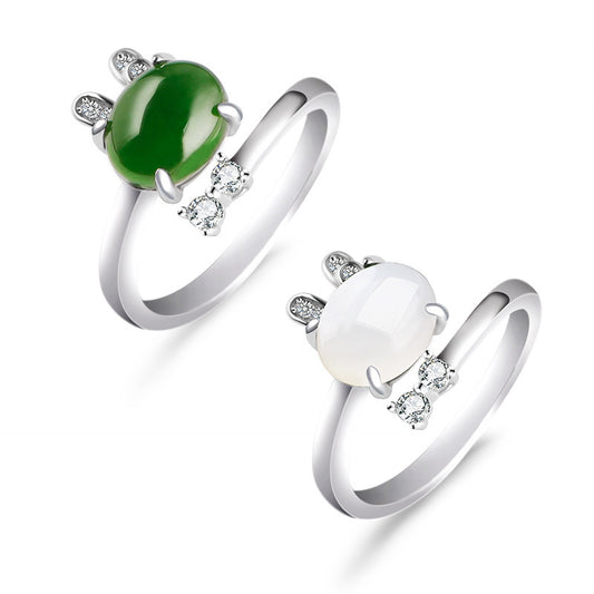 Wholesale Sterling Silver 925 Retro Rabbit Jade Adjustable Women Rings Claw Set Jasper Rings